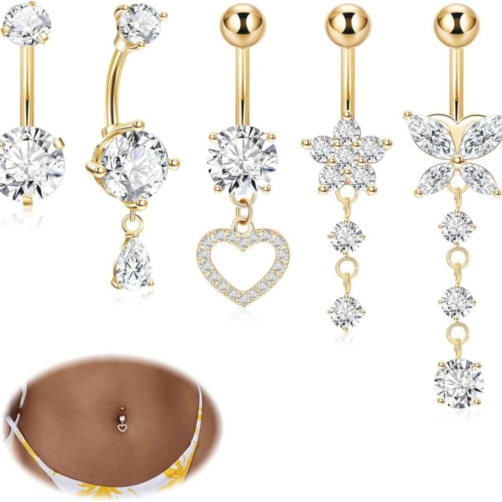 5pcs 14g Hypoallergenic Dangle Belly Button Rings  Heart Flower Butterfly